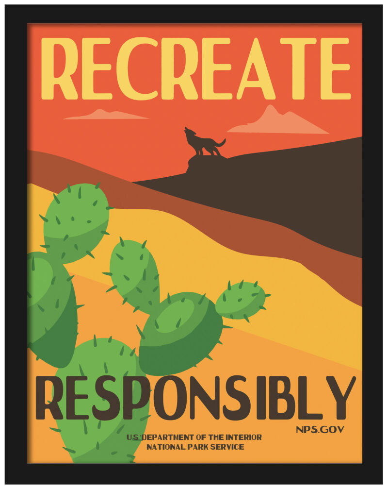 Vintage desert coyote and cactus national park poster