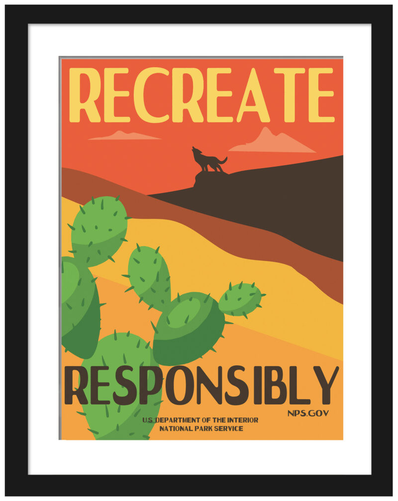 Vintage desert coyote and cactus national park poster