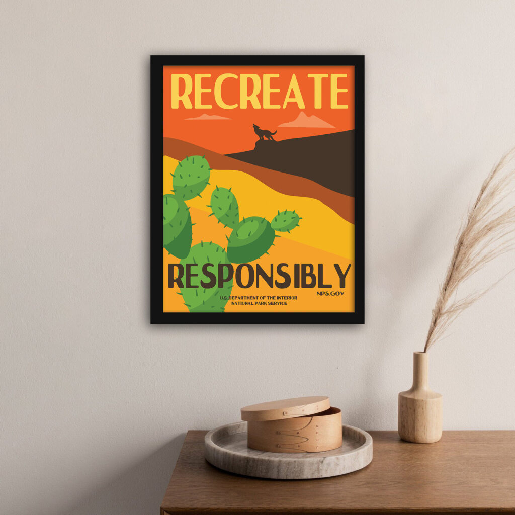 Vintage desert coyote and cactus national park poster