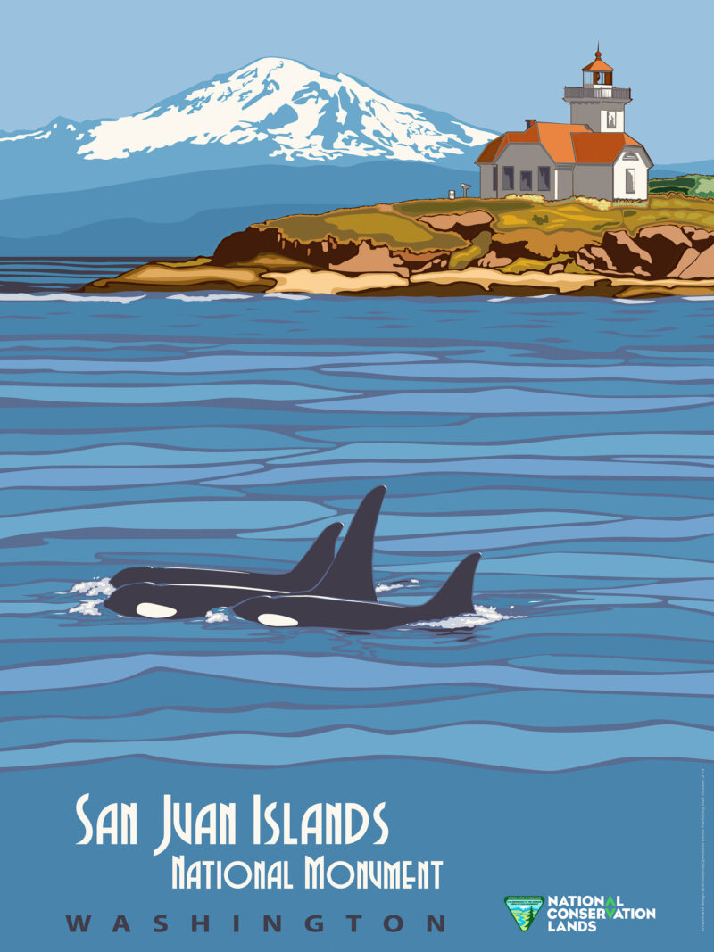 1932 San Juan Islands vintage travel poster with orcas and lighthouse