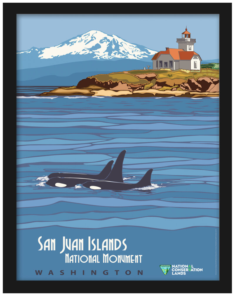 1932 San Juan Islands vintage travel poster with orcas and lighthouse