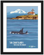 1932 San Juan Islands vintage travel poster with orcas and lighthouse