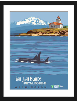 1932 San Juan Islands vintage travel poster with orcas and lighthouse