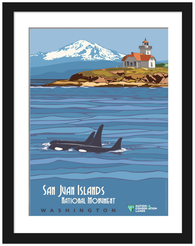 1932 San Juan Islands vintage travel poster with orcas and lighthouse