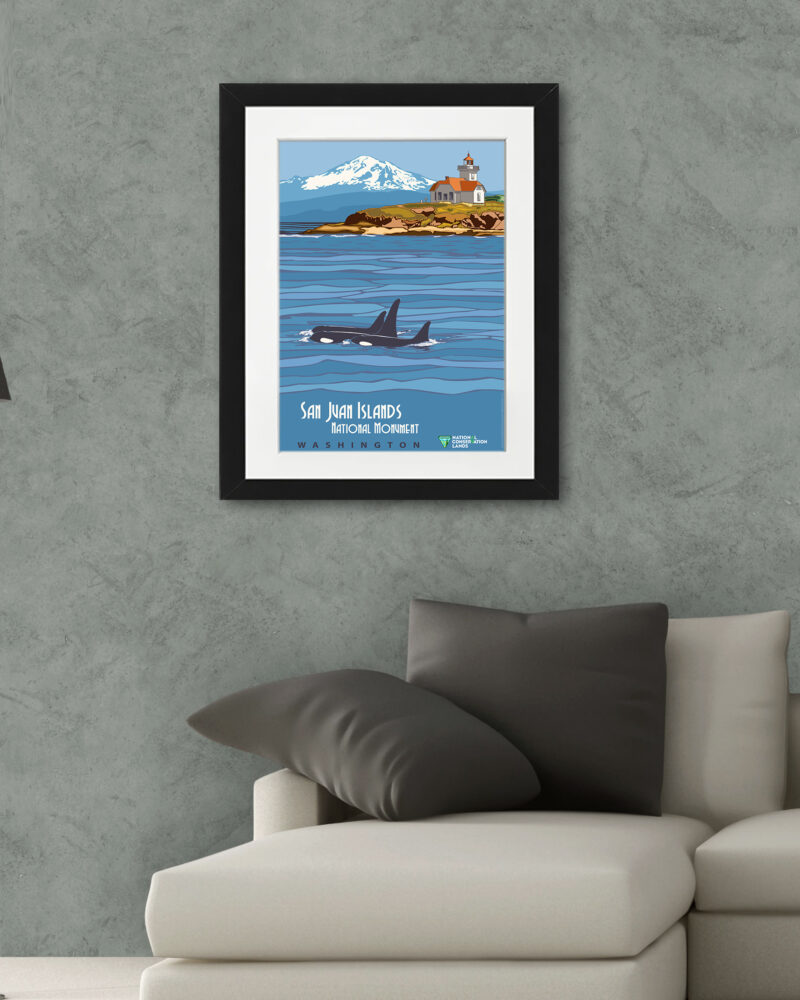 1932 San Juan Islands vintage travel poster with orcas and lighthouse