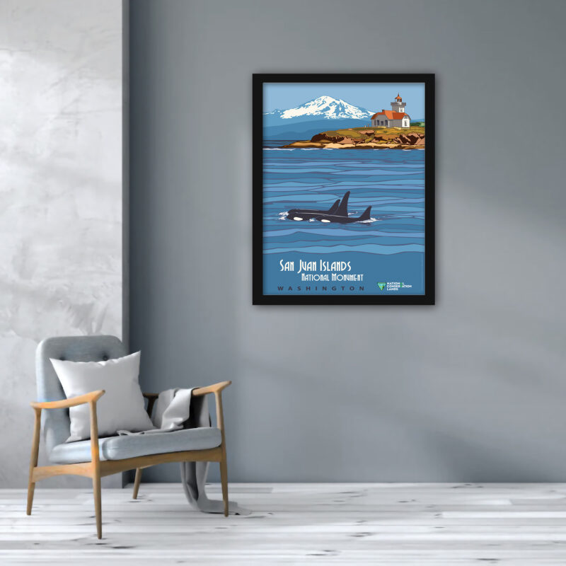 1932 San Juan Islands vintage travel poster with orcas and lighthouse