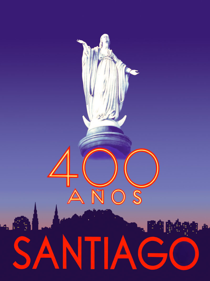Statue of Virgin Mary on "400 anos Santiago" vintage travel poster.