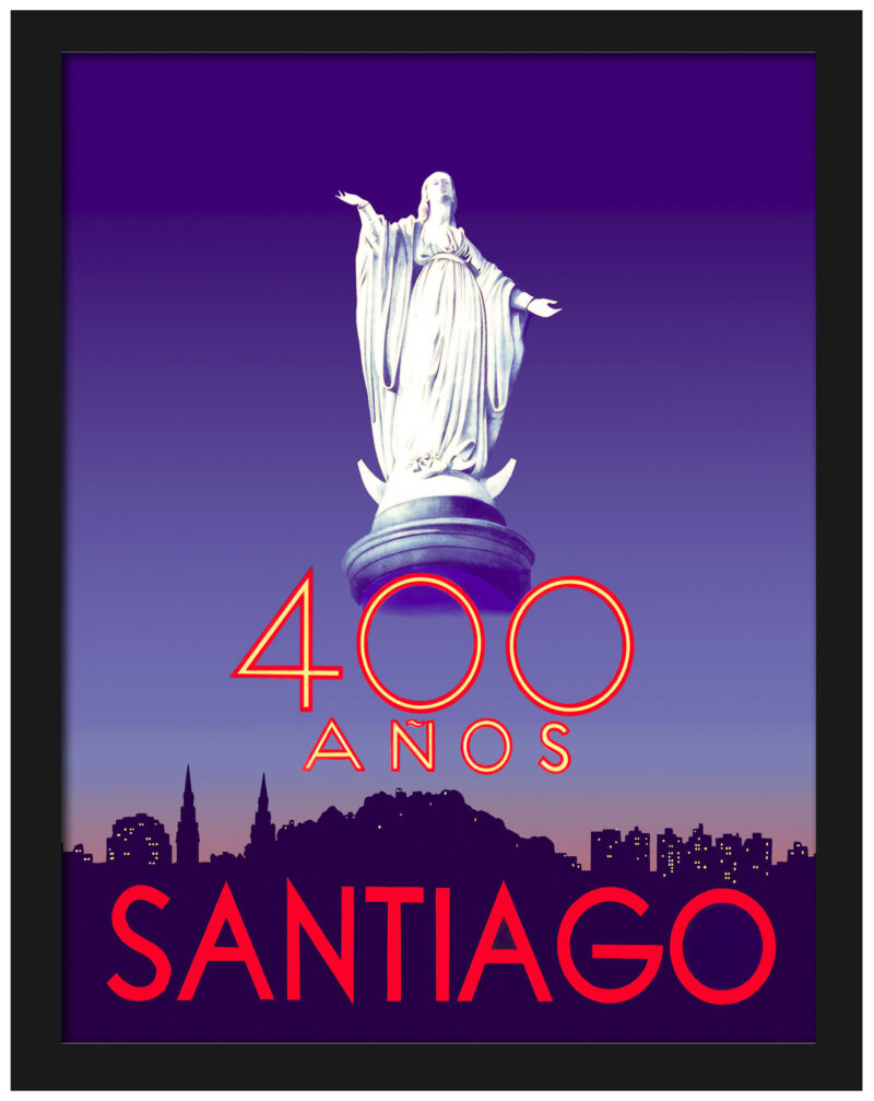 Statue of Virgin Mary on "400 anos Santiago" vintage travel poster.