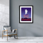 Statue of Virgin Mary on "400 anos Santiago" vintage travel poster.