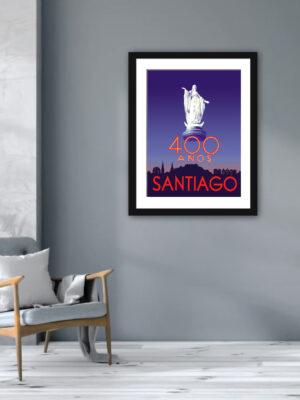 Statue of Virgin Mary on "400 anos Santiago" vintage travel poster.