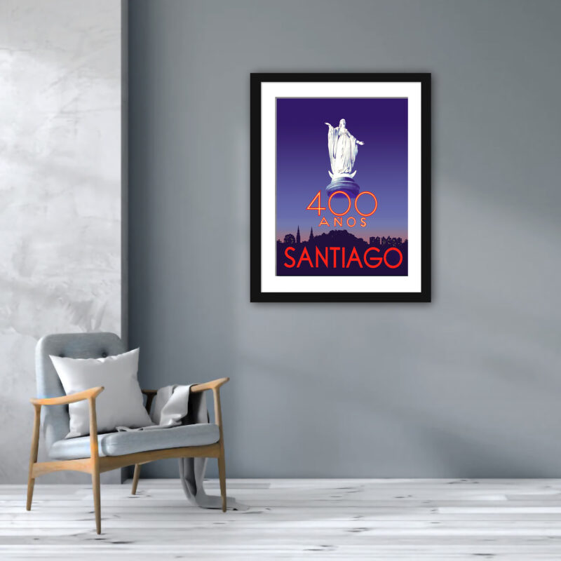 Statue of Virgin Mary on "400 anos Santiago" vintage travel poster.