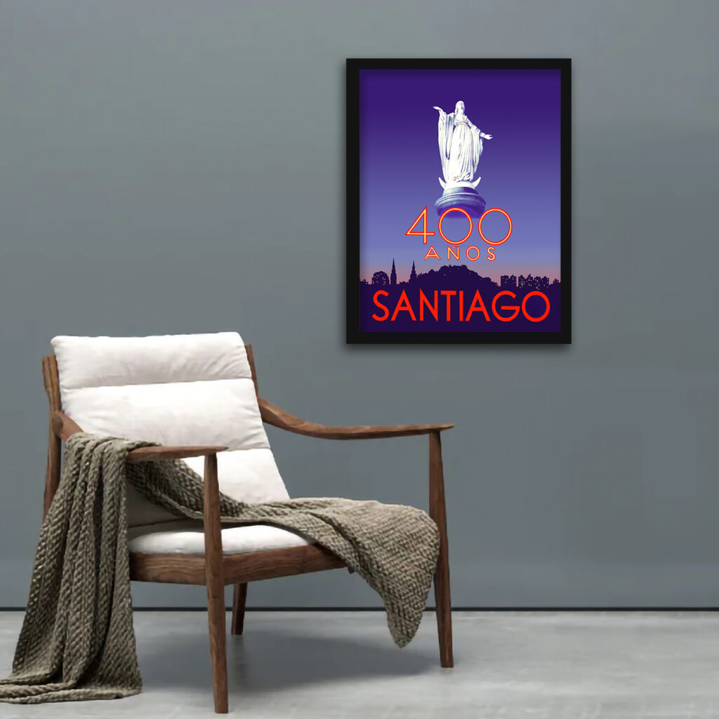 Statue of Virgin Mary on "400 anos Santiago" vintage travel poster.