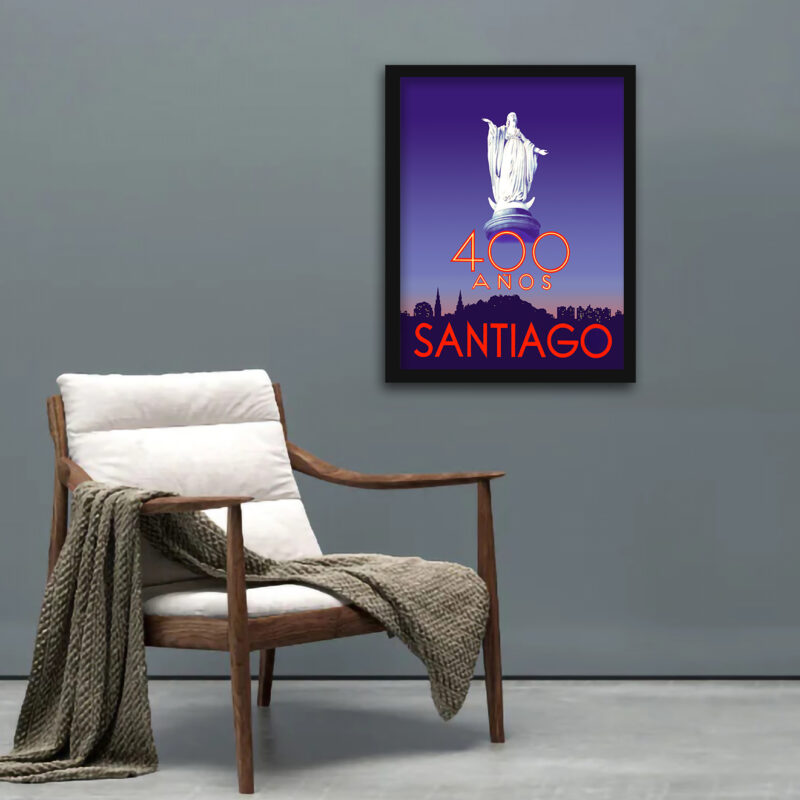 Statue of Virgin Mary on "400 anos Santiago" vintage travel poster.