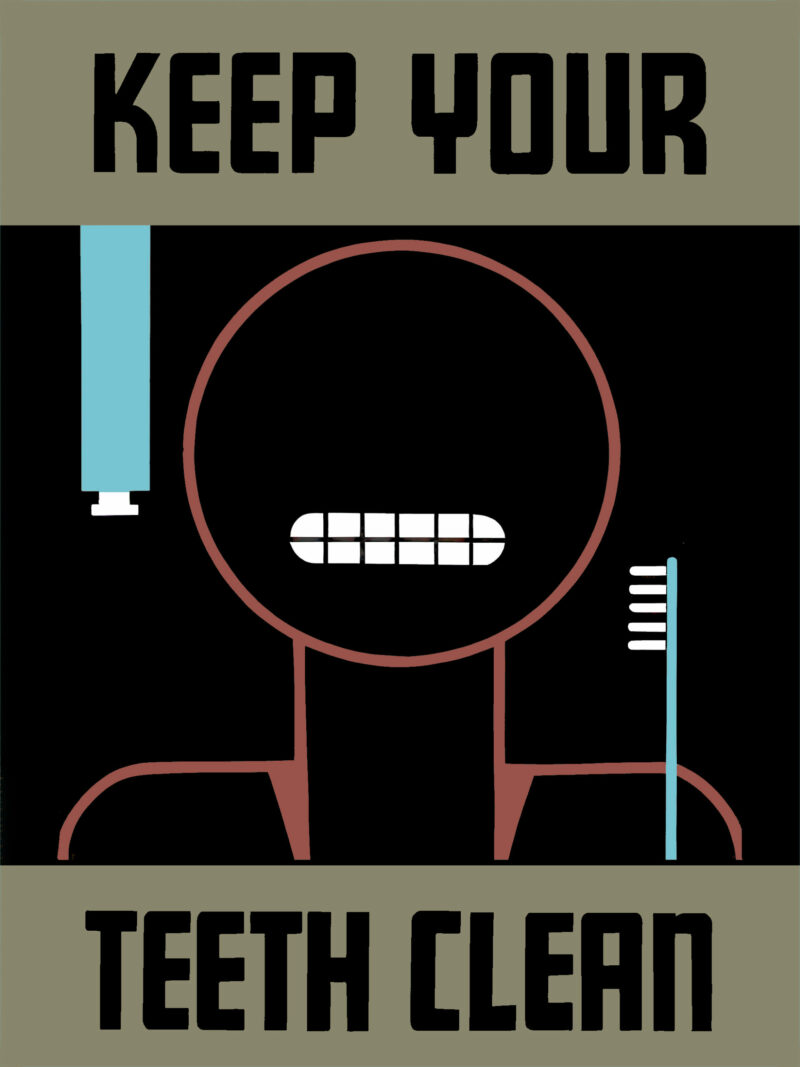 1938 WPA dental health poster reproduction with stylized imagery.