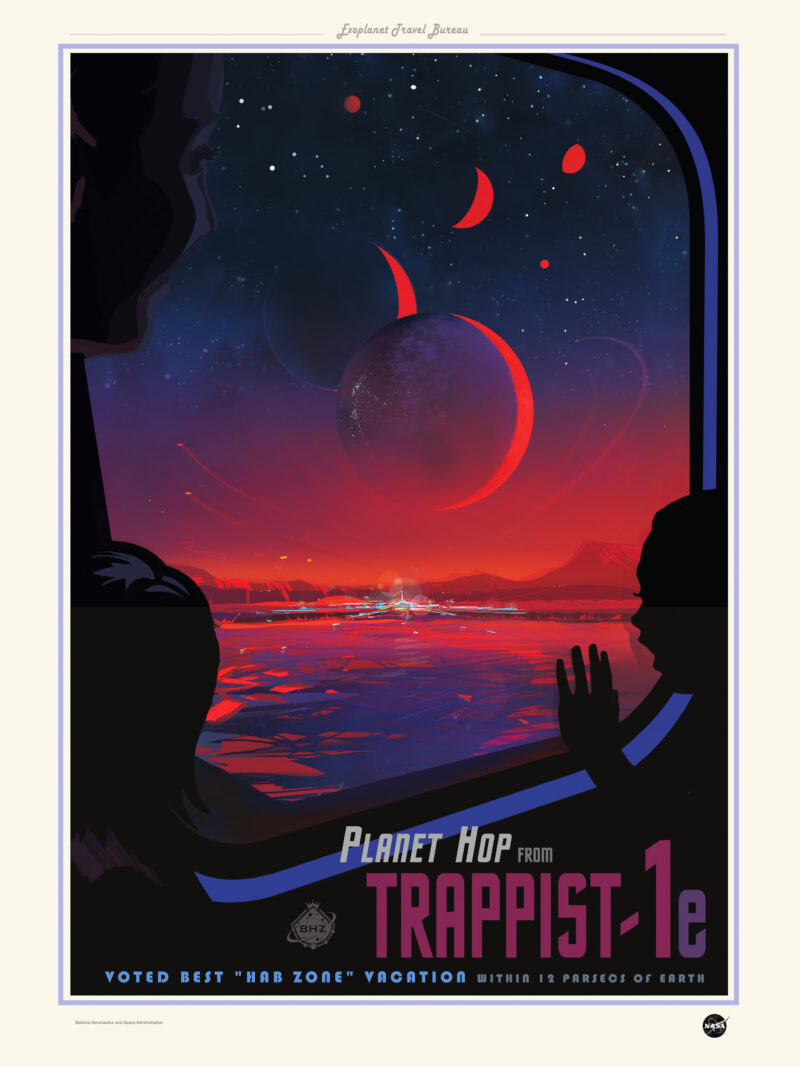 Vintage inspired TRAPPIST-1e exoplanet travel poster with vibrant galactic scene