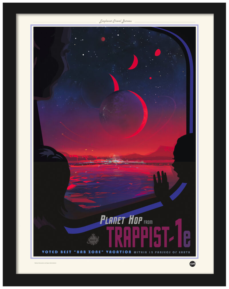 Vintage inspired TRAPPIST-1e exoplanet travel poster with vibrant galactic scene
