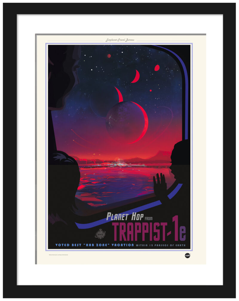Vintage inspired TRAPPIST-1e exoplanet travel poster with vibrant galactic scene