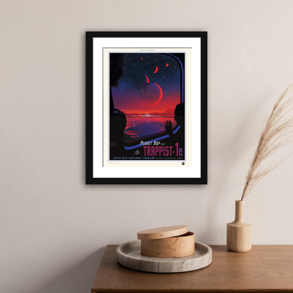 Vintage inspired TRAPPIST-1e exoplanet travel poster with vibrant galactic scene