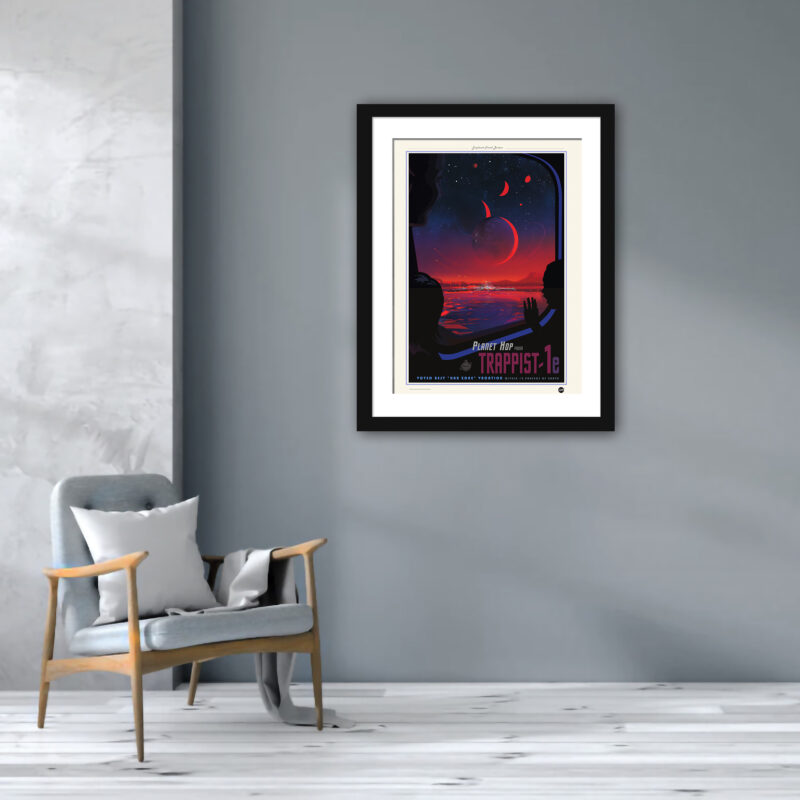 Vintage inspired TRAPPIST-1e exoplanet travel poster with vibrant galactic scene