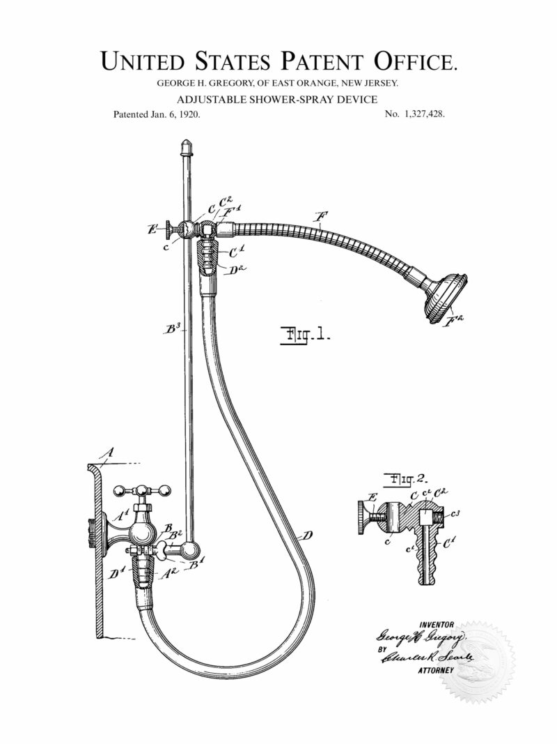 1920 Adjustable Shower Patent Illustration Print