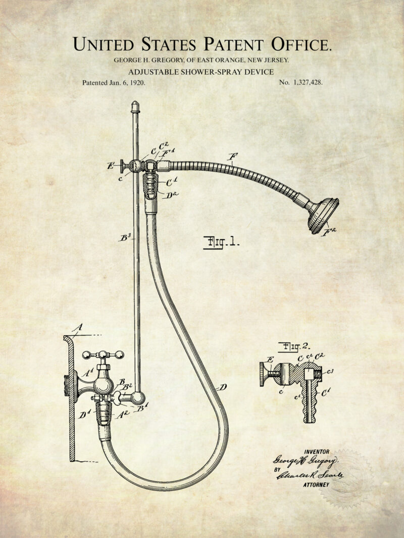 1920 Adjustable Shower Patent Illustration Print