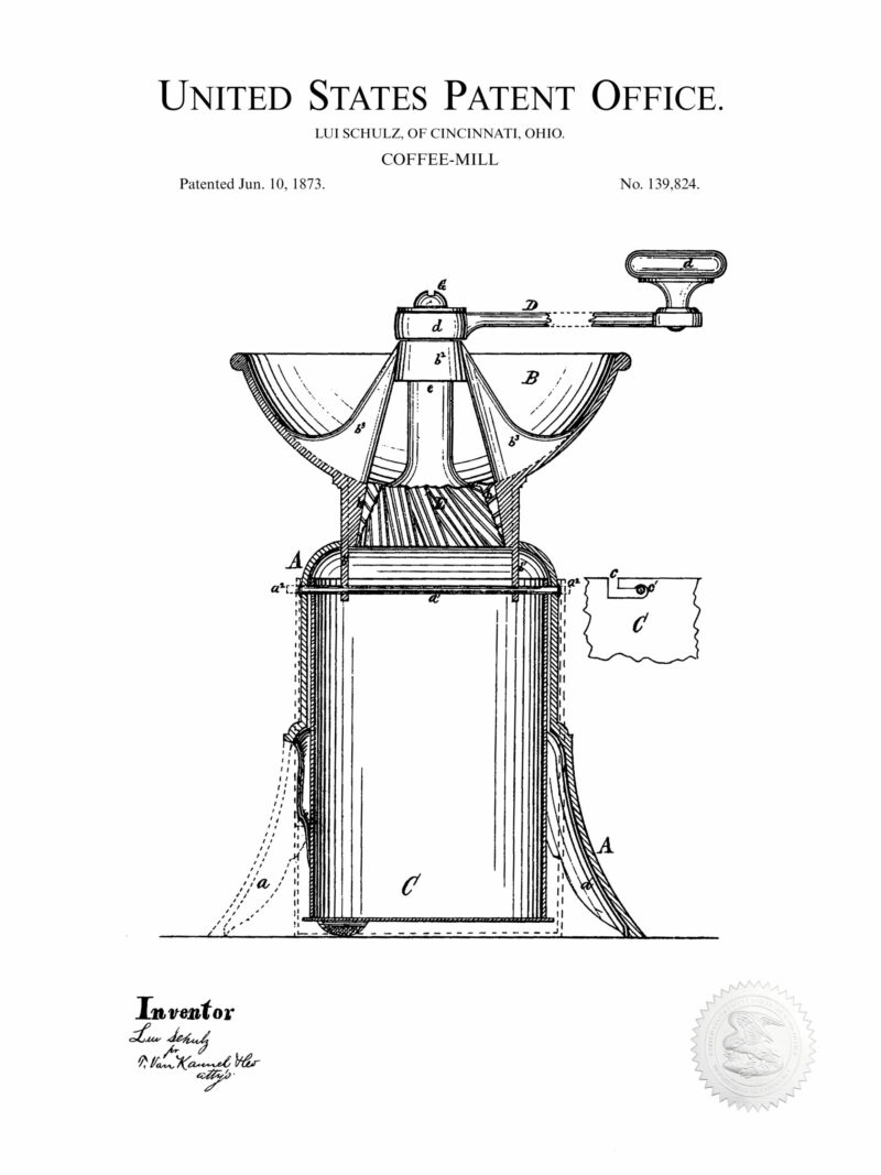 1873 Lui Schulz Coffee Mill Patent Art