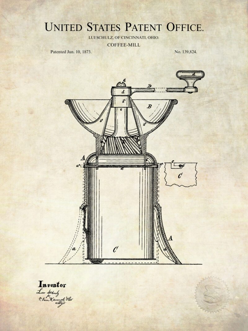1873 Lui Schulz Coffee Mill Patent Art