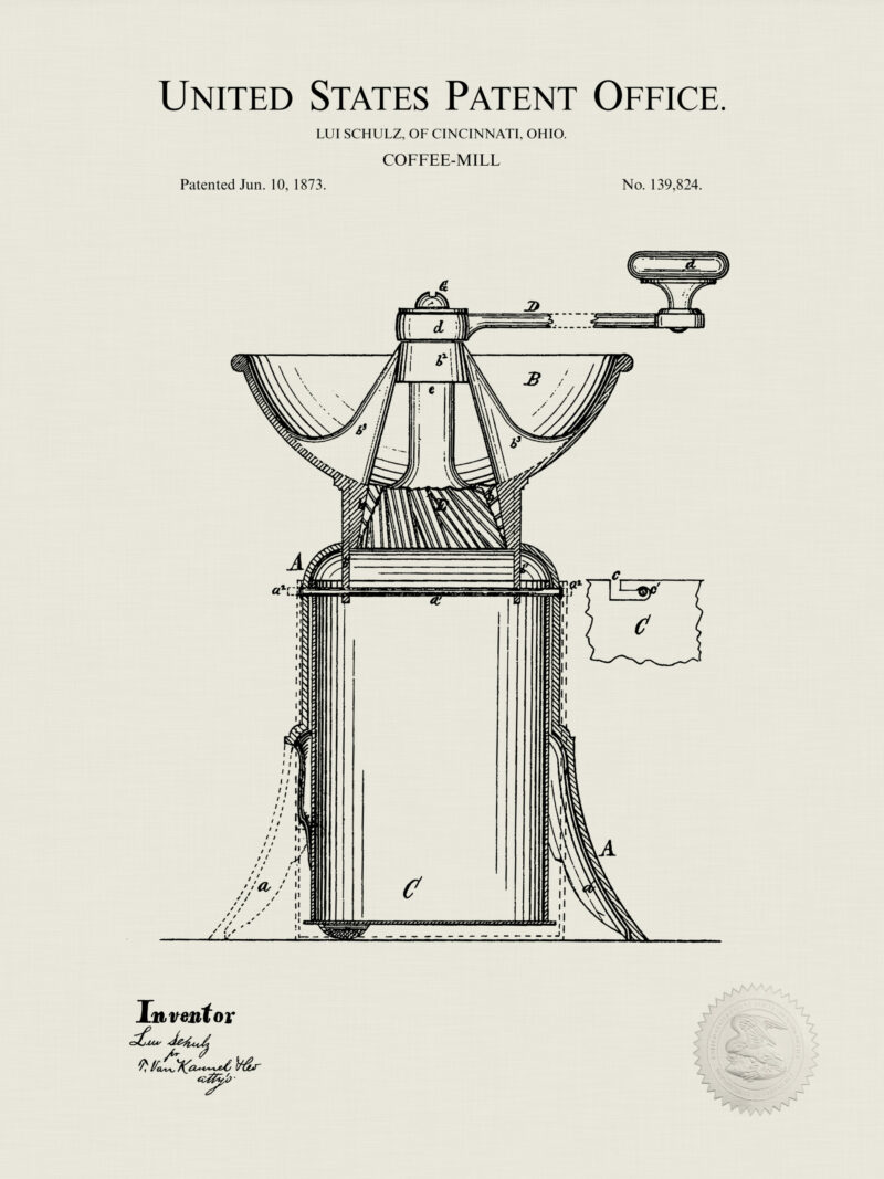 1873 Lui Schulz Coffee Mill Patent Art