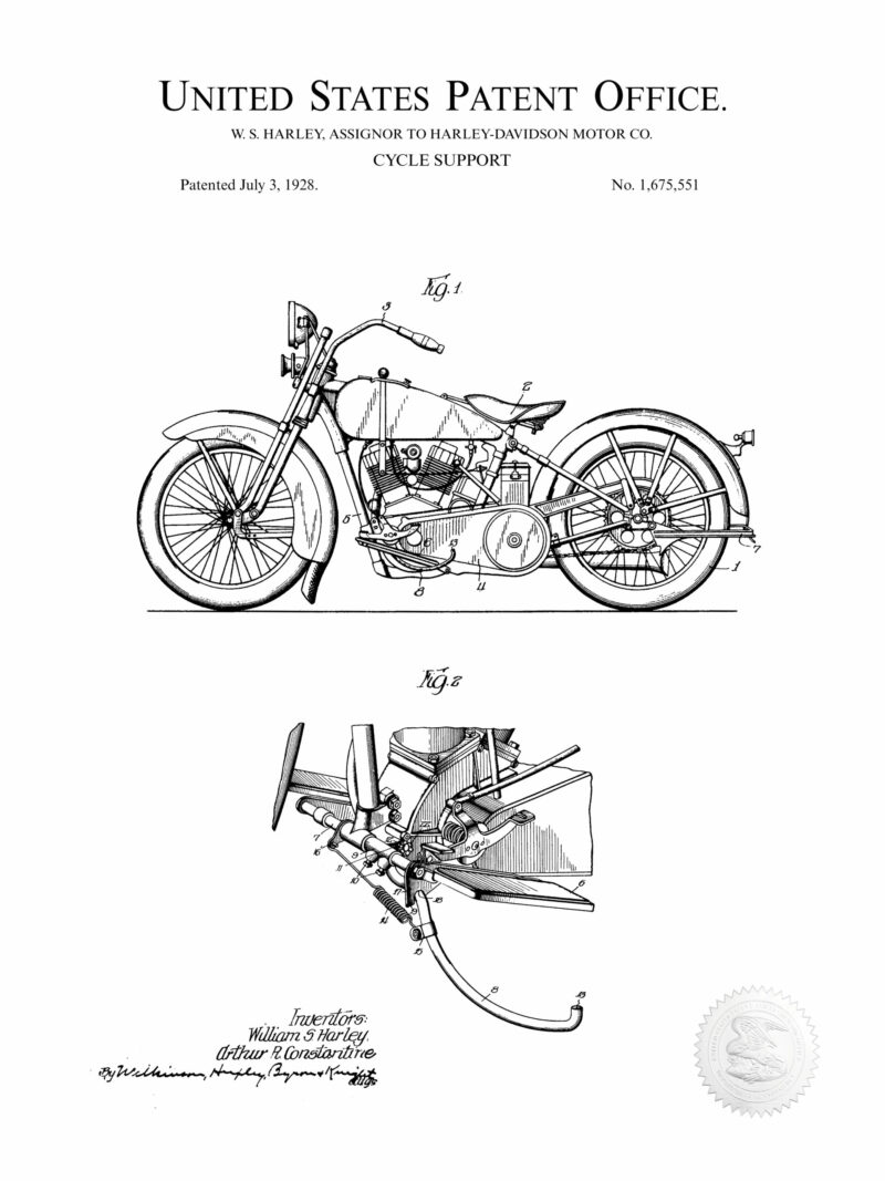 1928 Harley-Davidson cycle support patent illustration.