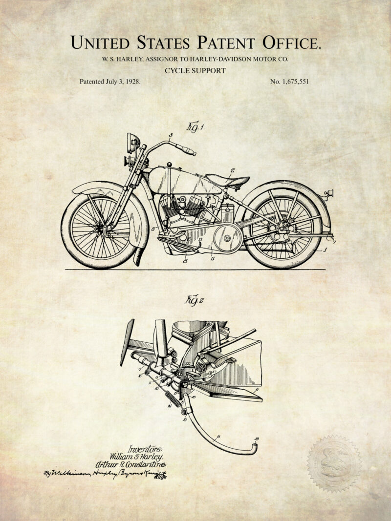 1928 Harley-Davidson cycle support patent illustration.