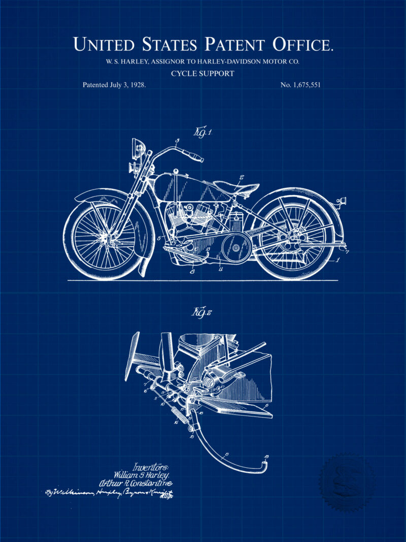 1928 Harley-Davidson cycle support patent illustration.