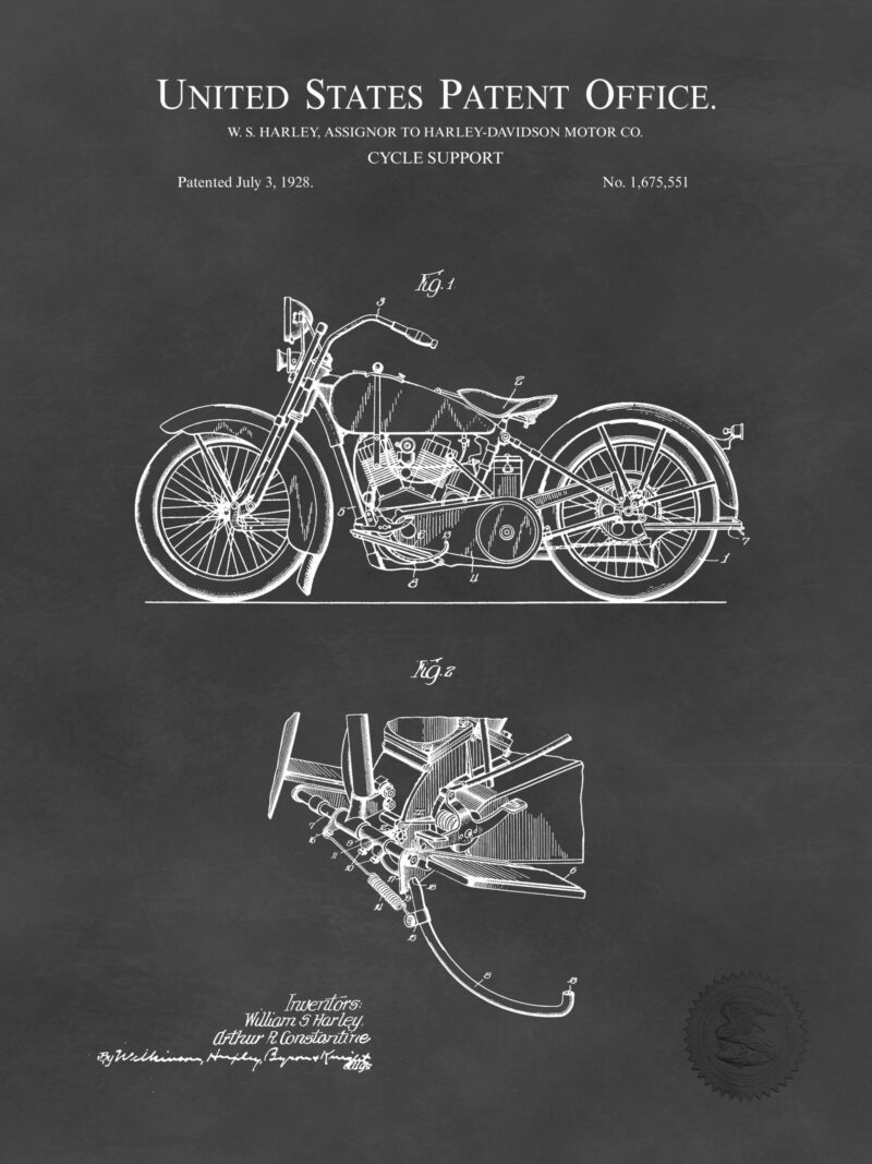1928 Harley-Davidson cycle support patent illustration.