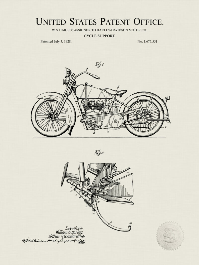 1928 Harley-Davidson cycle support patent illustration.