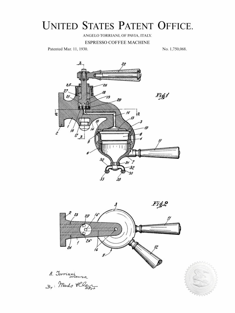 1930 Angelo Torriani Espresso Machine Patent Print