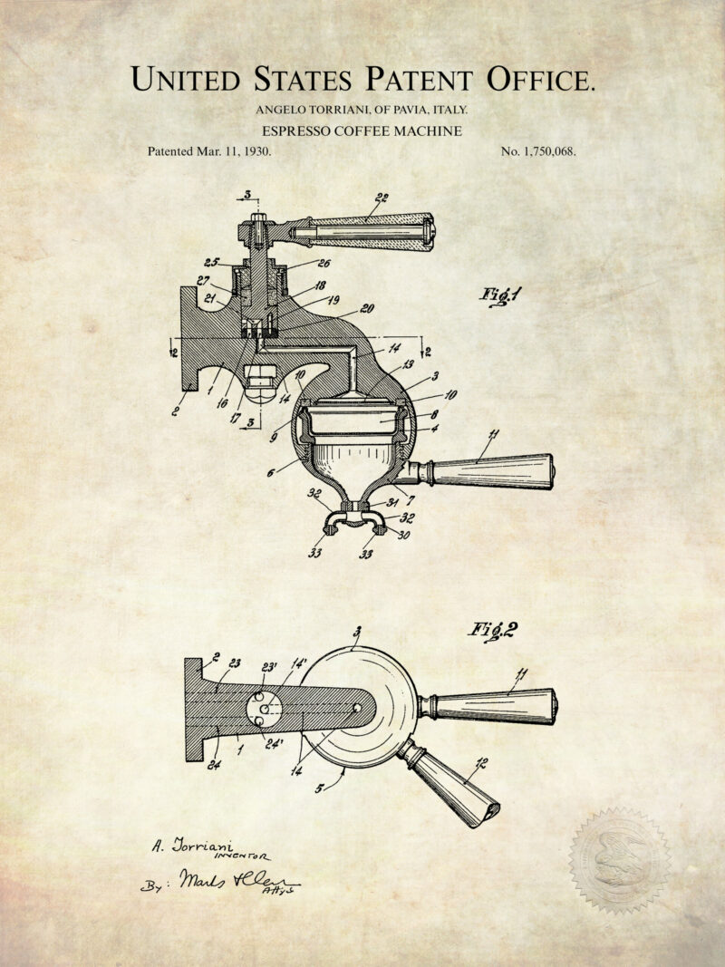 1930 Angelo Torriani Espresso Machine Patent Print