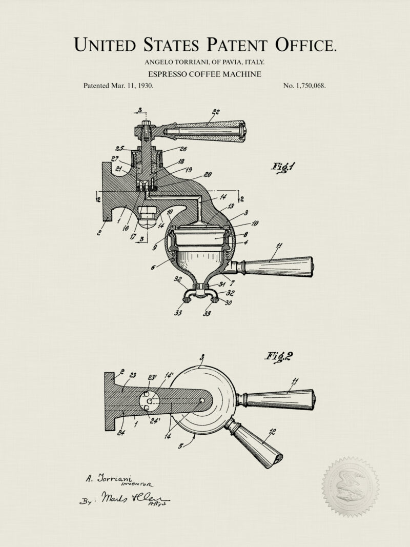 1930 Angelo Torriani Espresso Machine Patent Print