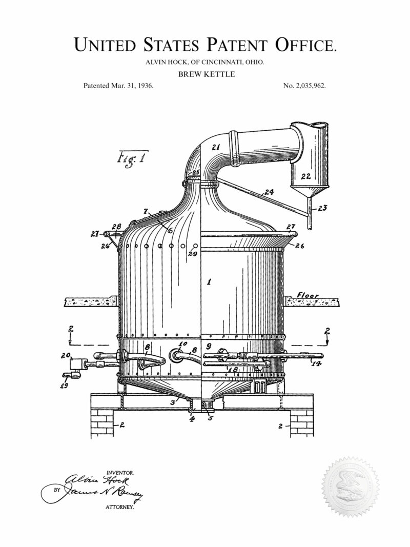 1933 Alvin Hock brew kettle patent drawing.
