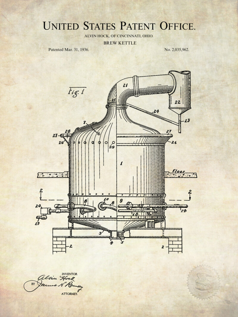 1933 Alvin Hock brew kettle patent drawing.
