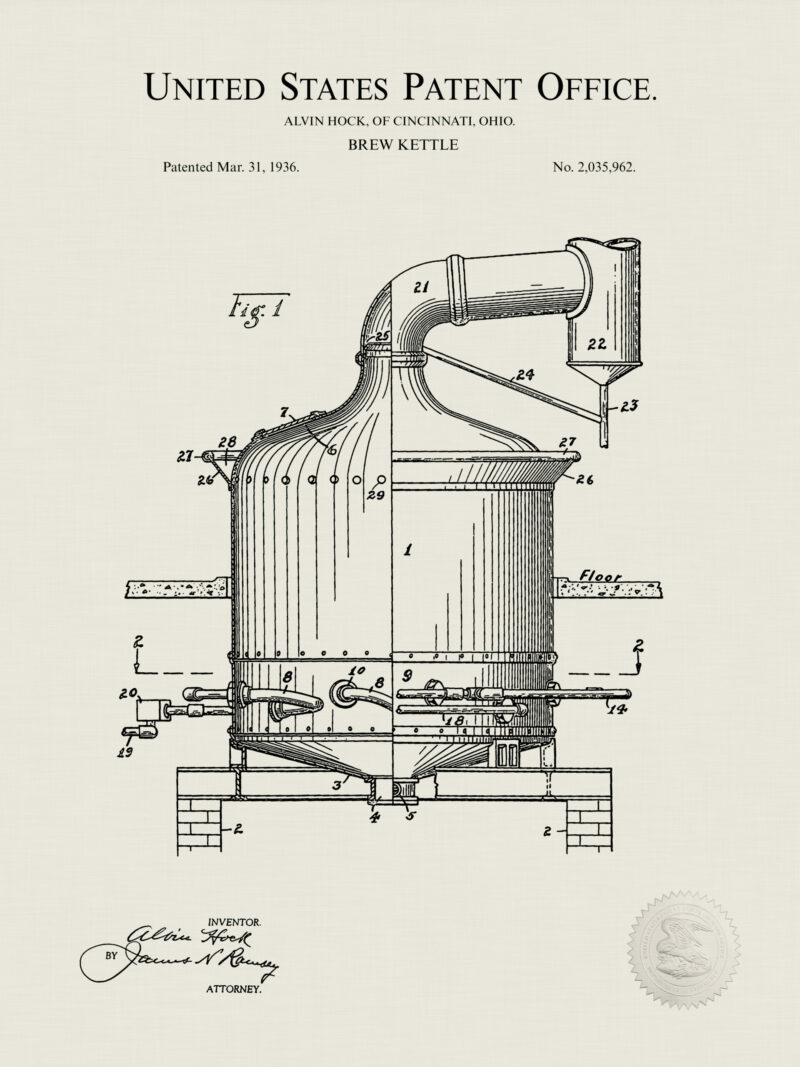 1933 Alvin Hock brew kettle patent drawing.