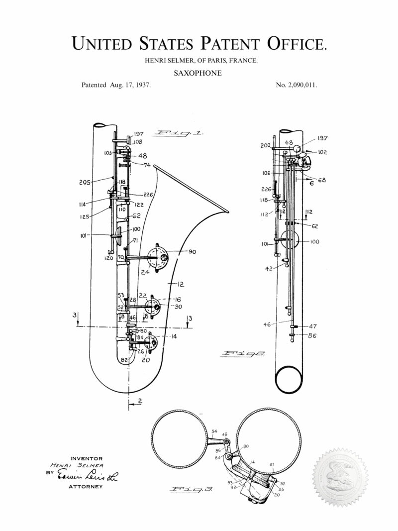 1937 Saxophone Patent Illustration Art