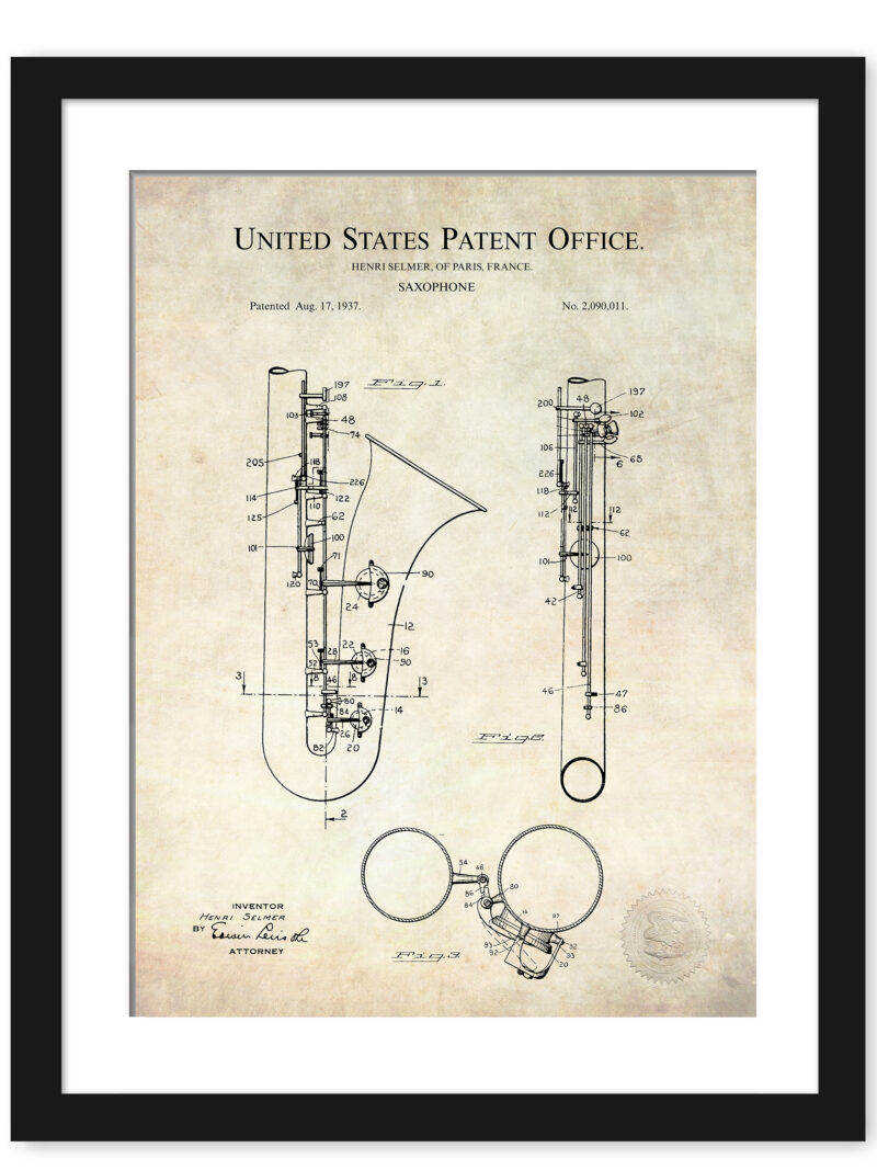 1937 Saxophone Patent Illustration Art
