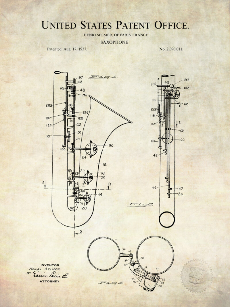 1937 Saxophone Patent Illustration Art