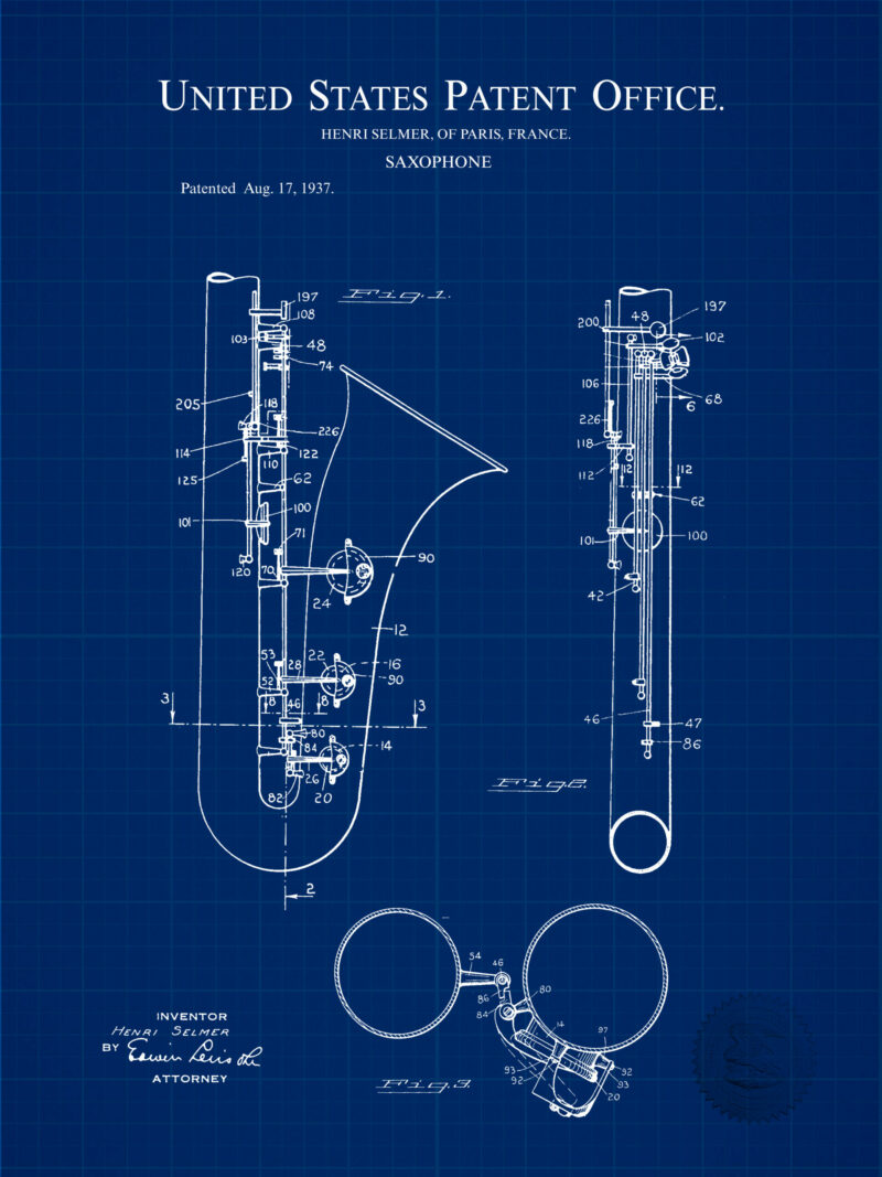 1937 Saxophone Patent Illustration Art
