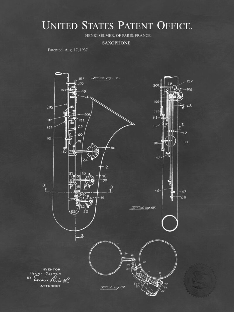 1937 Saxophone Patent Illustration Art