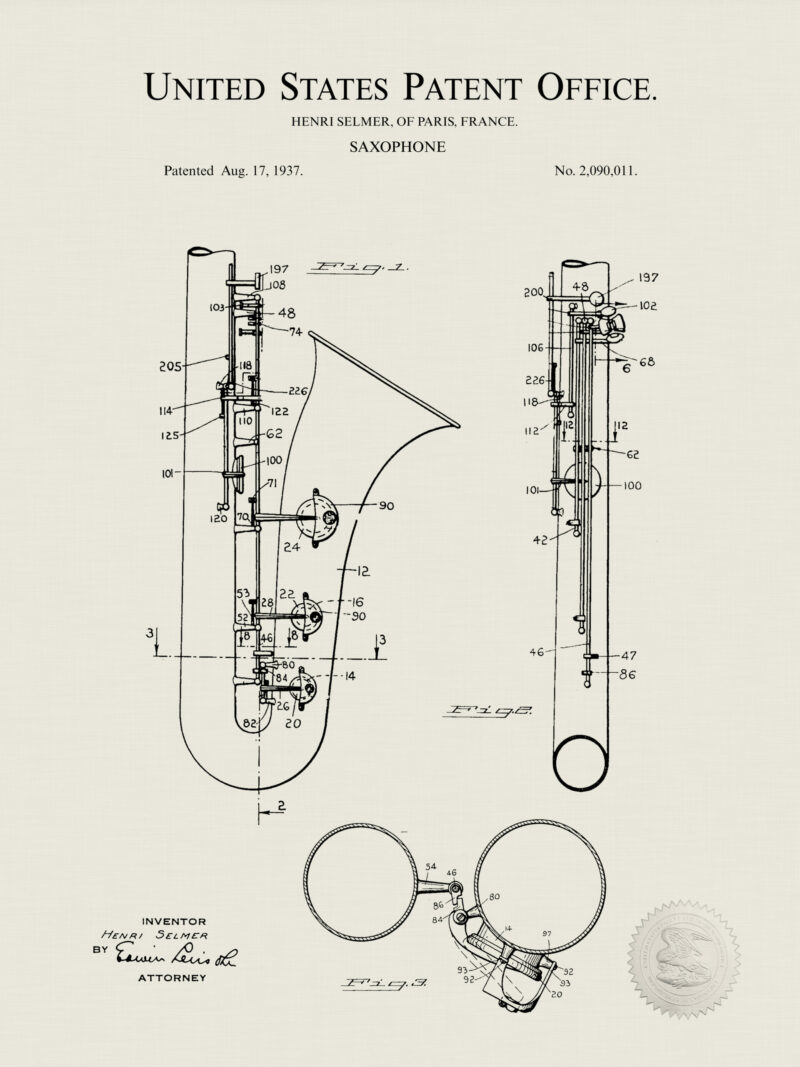 1937 Saxophone Patent Illustration Art