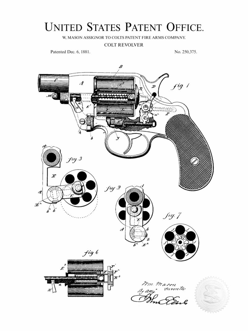 1881 Colt Revolver patent illustration print