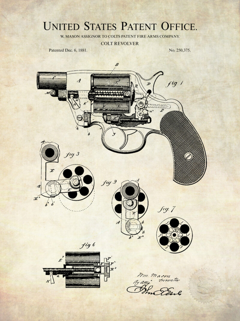 1881 Colt Revolver patent illustration print