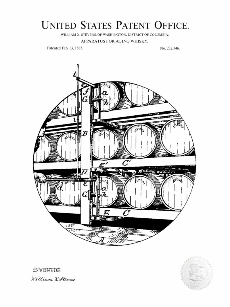 1883 whiskey aging apparatus patent drawing.