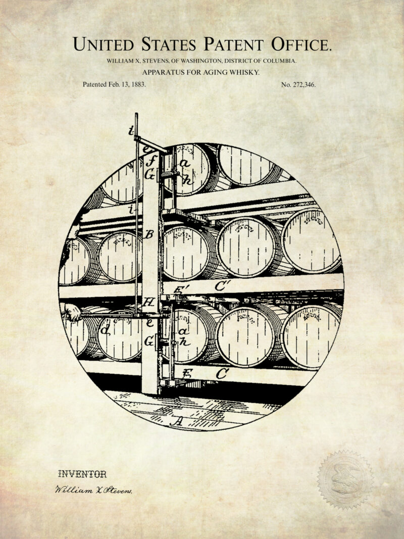 1883 whiskey aging apparatus patent drawing.