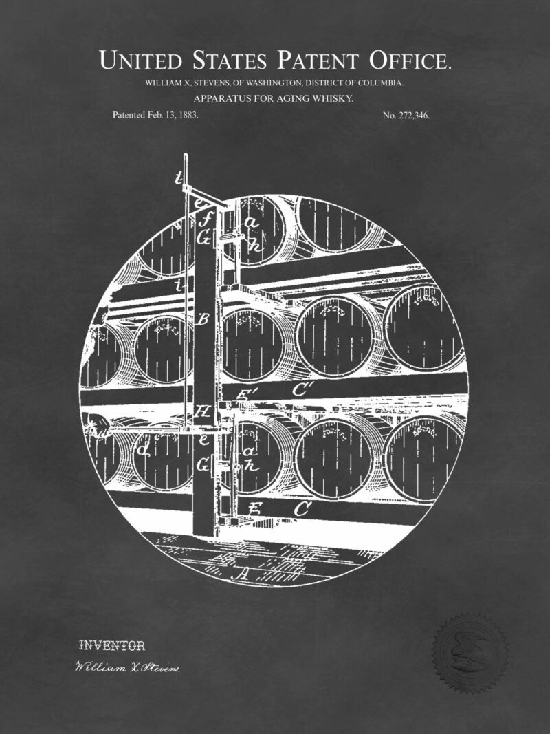 1883 whiskey aging apparatus patent drawing.